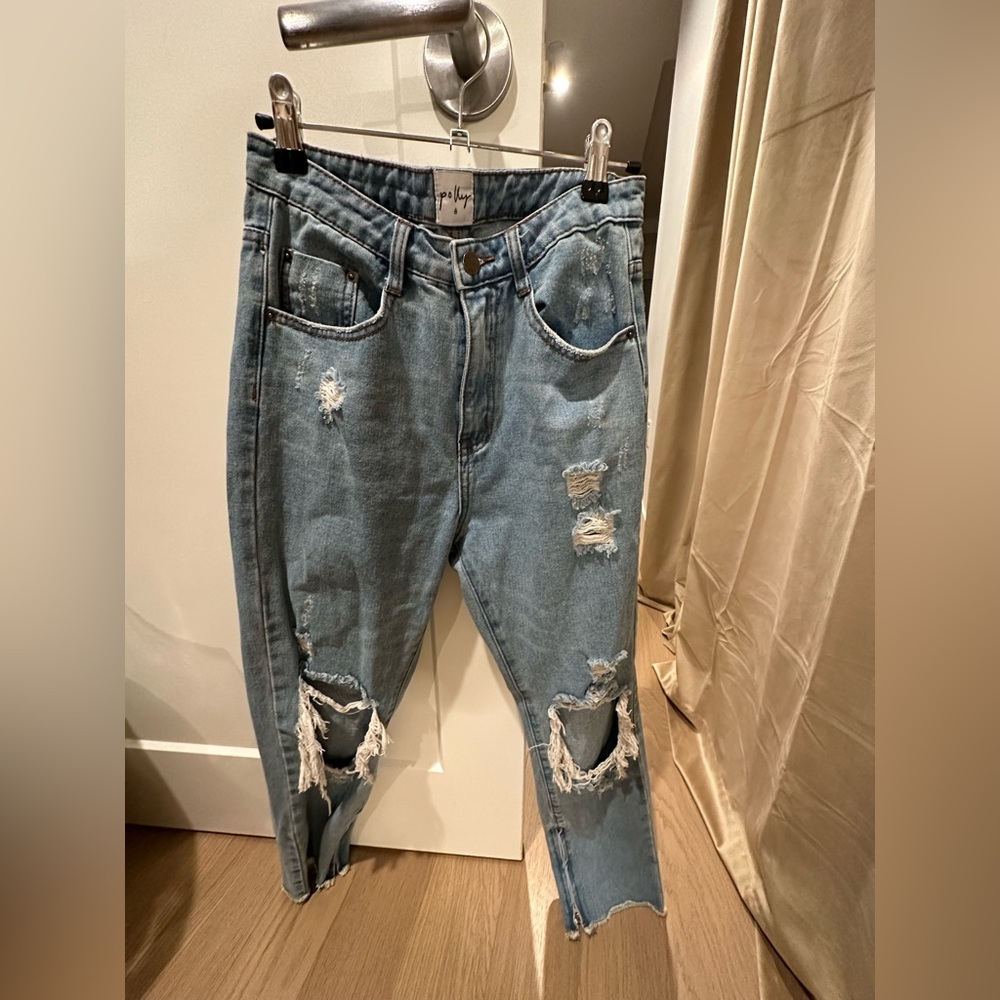 Distressed light washed jeans, straight leg